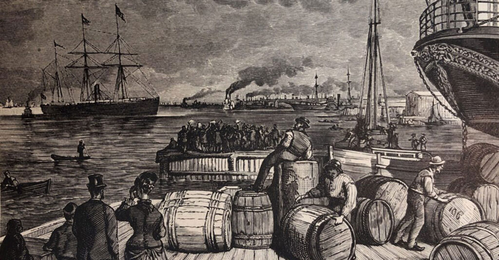 Print of a ship deck in black, white, and grey. Barrels are all over the deck along with crew.