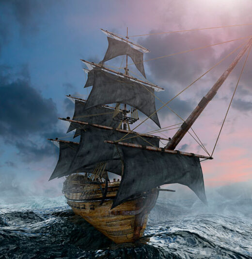 Large ship sailing in rough ocean.