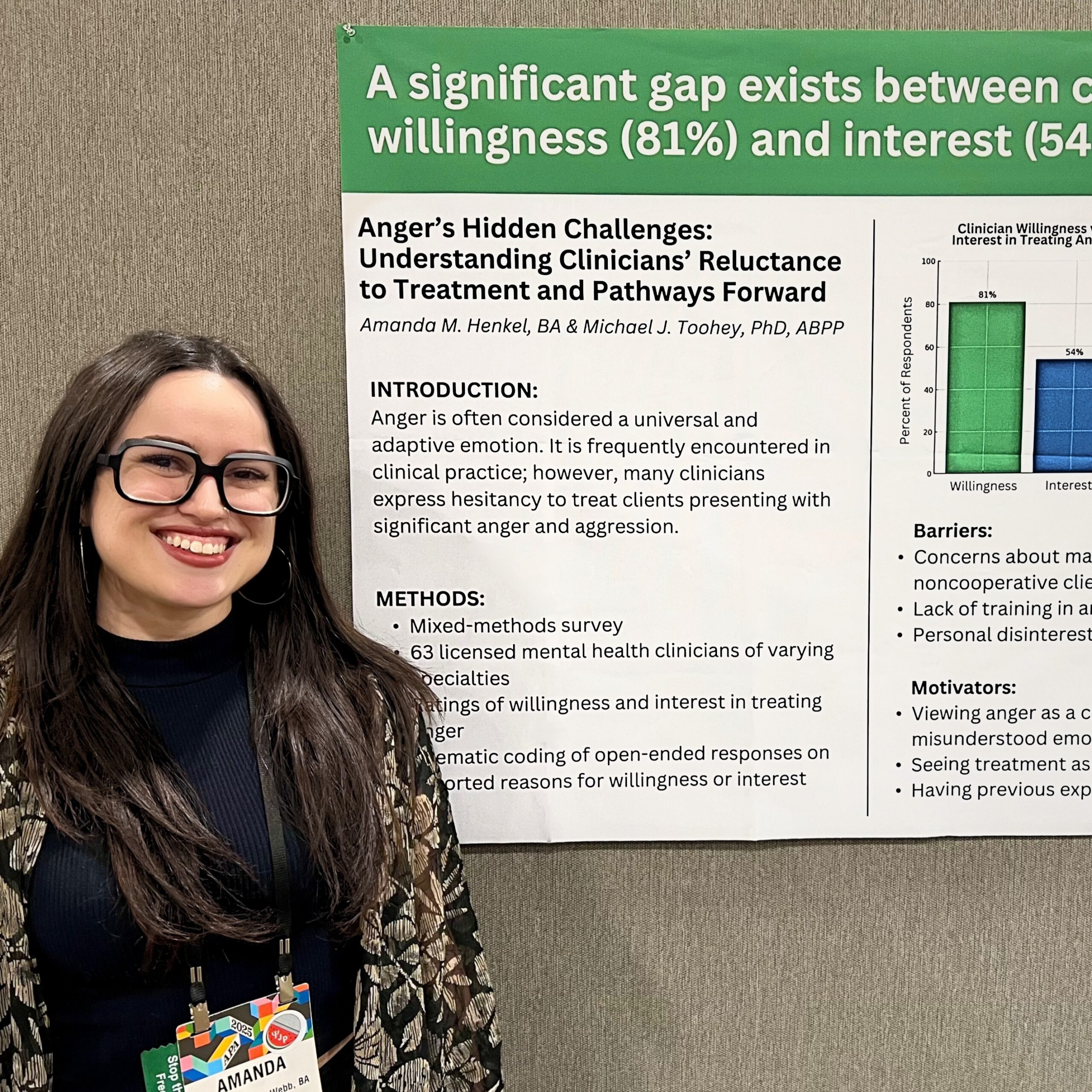 Smiling woman with glasses standing beside a research poster with a green header and bold title about clinicians’ willingness and interest in treatment .