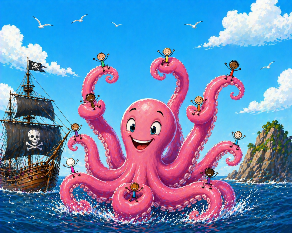 Cheerful pink cartoon octopus with smiling face and several children perched on its tentacles near a pirate ship at sea.