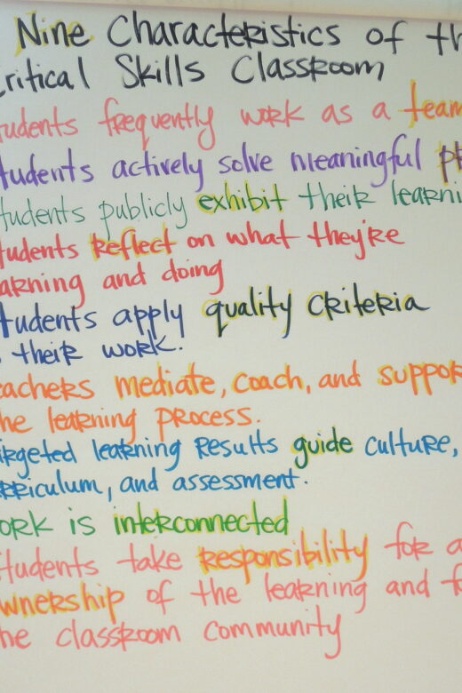 The Nine Characteristics of the Critical Skills Classroom: 1. Students frequently work as a team. 2. Students actively solve meaningful problems. 3. Students publicly exhibit their learning. 4. Students reflect on what they are learning and doing. 5. Students apply quality criteria to their work. 6. Teachers mediate, coach, and support the learning process. 7. Targeted learning results guide culture, curriculum, and assessment. 8. Work is interconnected. 9. Students take responsibility for and ownership of their learning and for the classroom community.