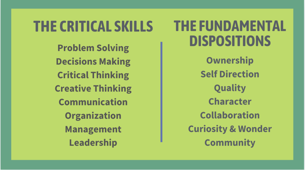The Critical Skills
Problem Solving
Decisions Making
Critical Thinking
Creative Thinking
Communication
Organization
Management
Leadership
The Fundamental Dispositions
Ownership
Self Direction
Quality
Character
Collaboration
Curiosity & Wonder
Community