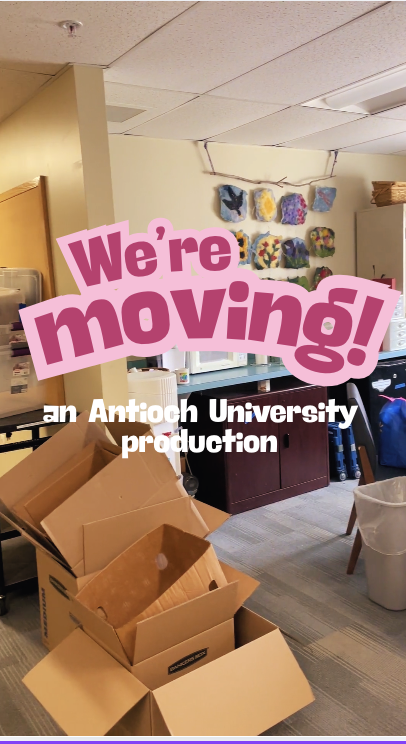 Announcement graphic over a cluttered office with open boxes; text reads 'We're moving!'