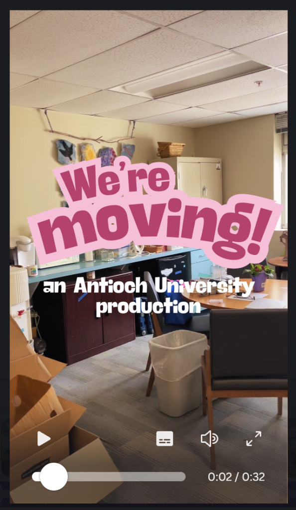 Screenshot 2026-06-04 at 71652 AM - Critical Skills Classroom Video still announcing "We're moving!" in bold pink letters over a cluttered office with boxes and furniture; an Antioch University production caption appears below.