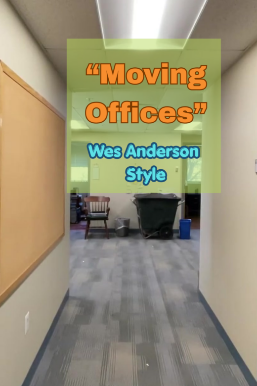 Hallway with office furniture and a big green overlay displaying the title 'Moving Offices' in orange Wes Anderson–style lettering.
