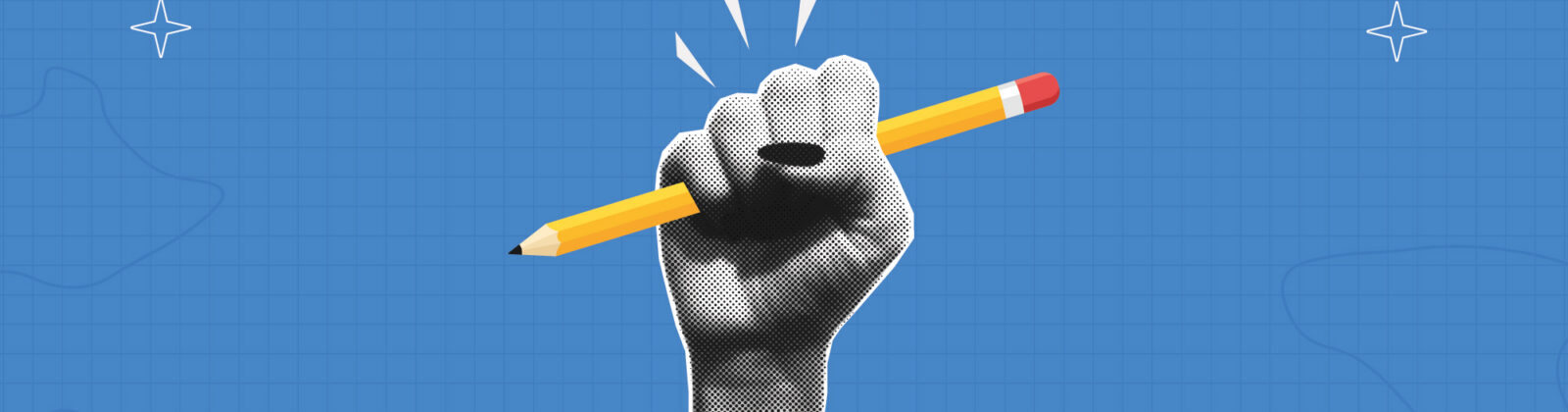 Raised fist gripping a yellow pencil against a blue grid background, symbolizing creativity and empowerment in education.