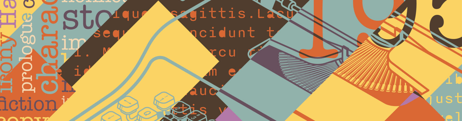 Abstract collage-style vector illustration background with a retro vintage typewriter. Design for posters, brochures, and flyers. Vertical background. Flat design (no gradients, or transparencies used).