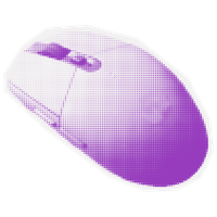 Purple computer mouse tilted diagonally, showing the scroll wheel from a top-left angle.