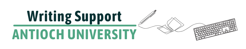 Banner for Writing Support at Antioch University with teal text and a line, plus pen, books, and keyboard illustrations (header graphic).
