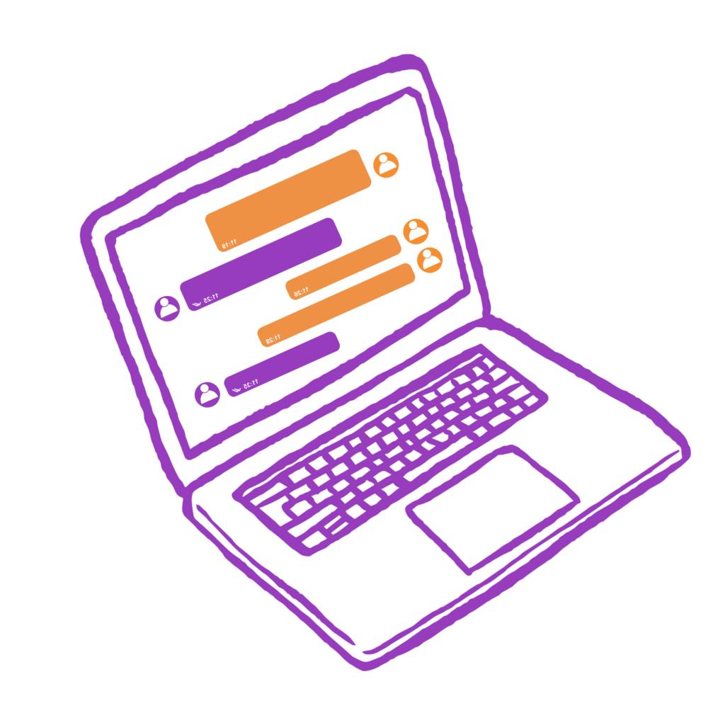 Stylized purple laptop outline with orange chat bubbles and user icons on the screen.