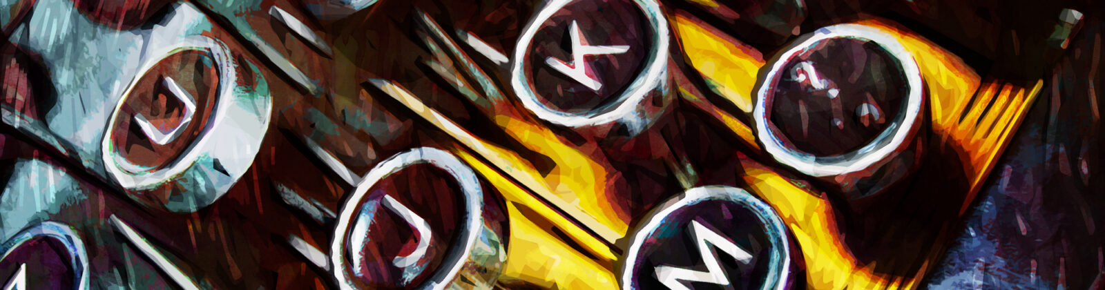 Close-up of a vintage manual typewriter with round black keys featuring white letters. Warm golden light falls across the keys, highlighting the metal rims and creating strong contrast against the dark body of the typewriter. The image has a stylized, painterly effect with rich textures and bold colors.