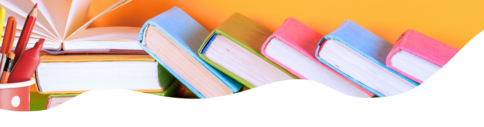 colorful books, pencils in a red cup, yellow background, line of books, open book