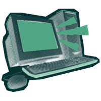 Stylized green laptop with an green screen emitting light rays from the display.