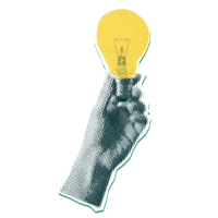 pop art, light bulb in hand, yellow light, green hand