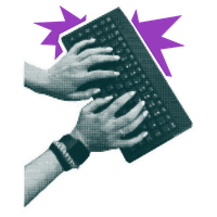 green laptop pop art style graphic, green hands typing on an purple keyboard, light green pop art, green pop art, pop art