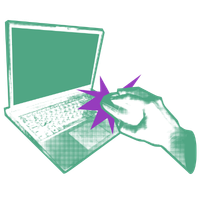 green laptop with a white hand and purple stylus pressing near the screen