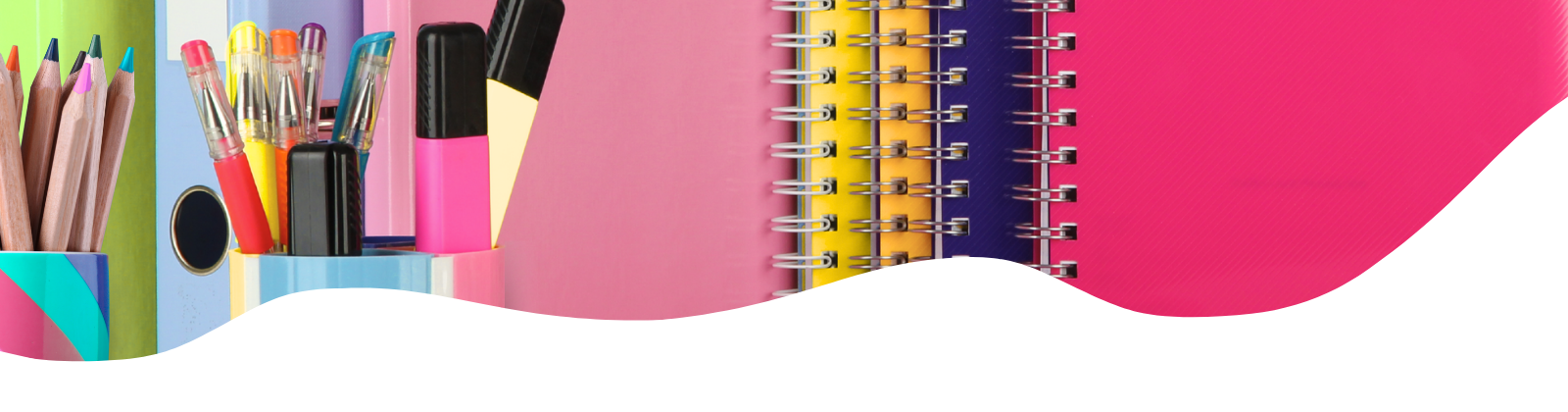 colorful notebooks on a desk with colorful pens, colorful notebooks, colorful pens, colored pencils, cup of pens, cup of colored pencils