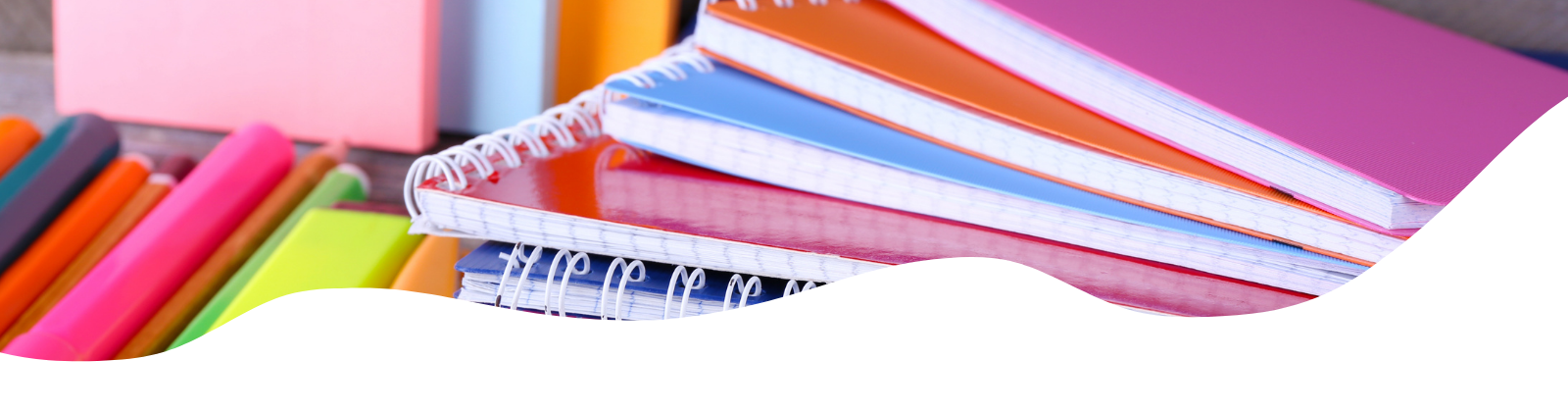 Stack of notebooks, colorful notebooks, red notebook, pile of pens on desk, notebooks and pens on desk