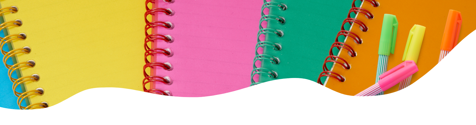 colorful notebooks and pens, colorful notebooks, colorful pens, yellow notebook, pink notebook, green notebook, orange notebook, blue notebook, green pen, yellow pen, pink pen, orange pen